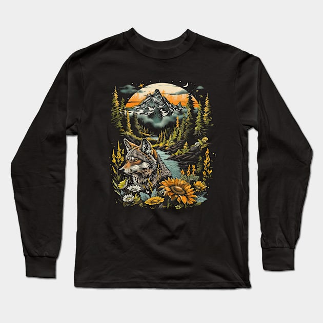 Majestic Wilderness: Lone Wolf and Mountain Landscape Tee for her for him, men and woman Long Sleeve T-Shirt by familycuteycom